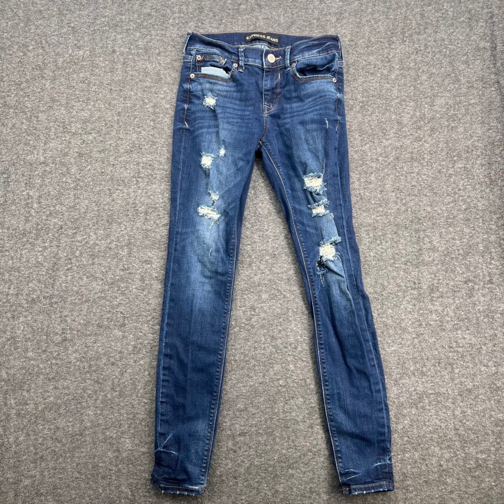 Express Jeans Legging Mid Rise Dark Wash Distressed Ripped Skinny Denim 0R